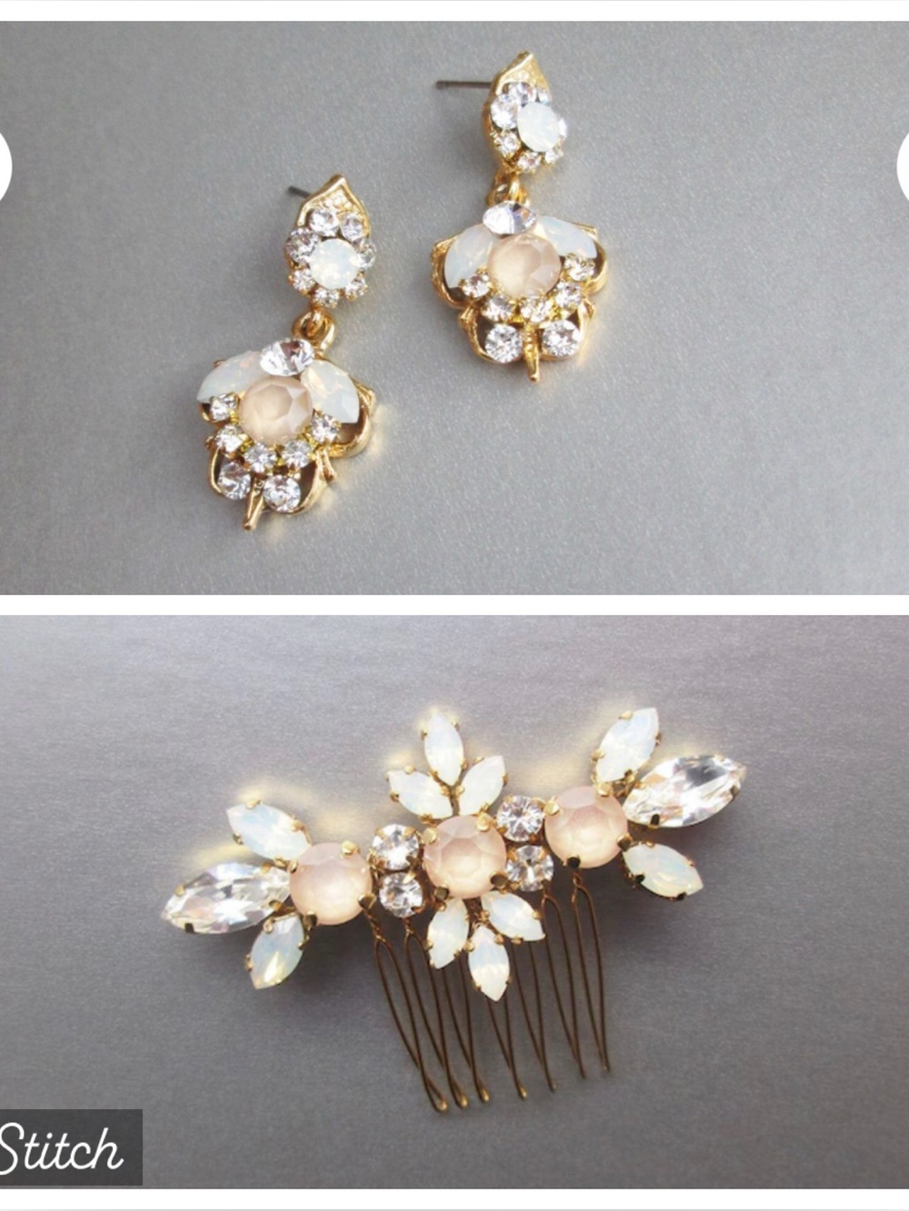 Gold Bridal Hair Comb and Earrings Set with Opal White Crystals